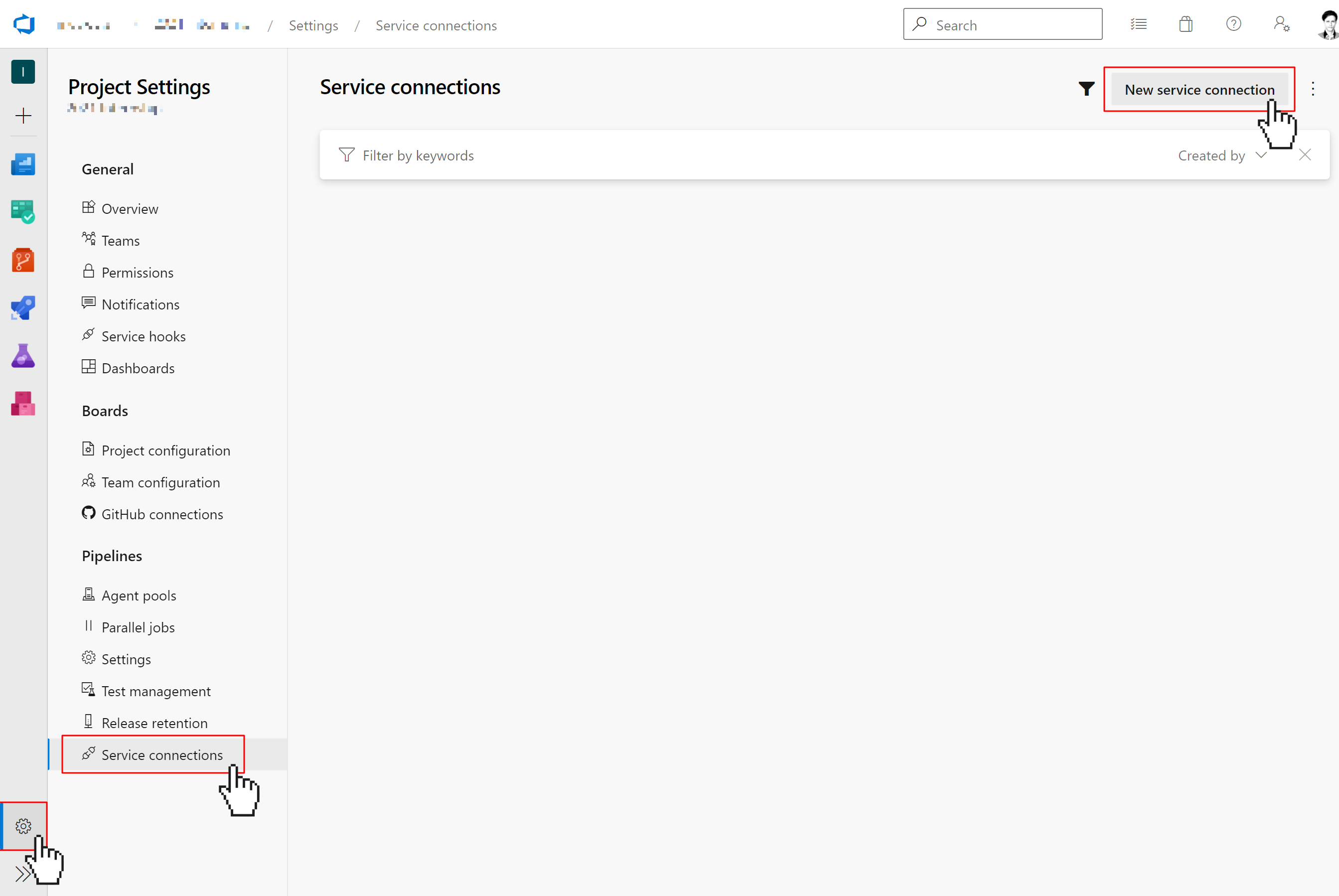 Azure DevOps project settings screen for service connections. Cursor clicks on &quot;New service connection&quot;.