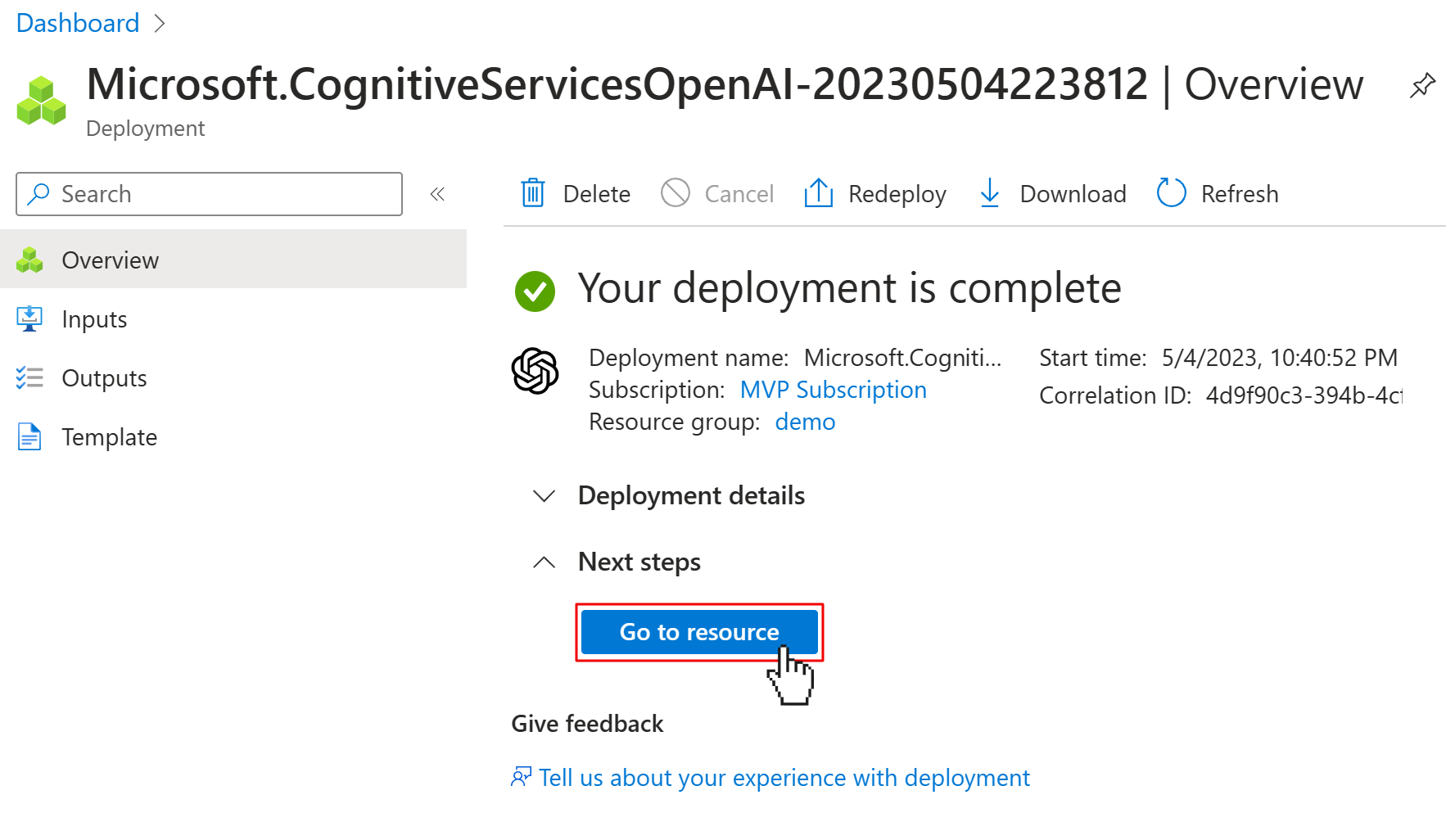 Azure deployment screen showing the Azure OpenAI service has been deployed. User clicks on "Go to resource" button.