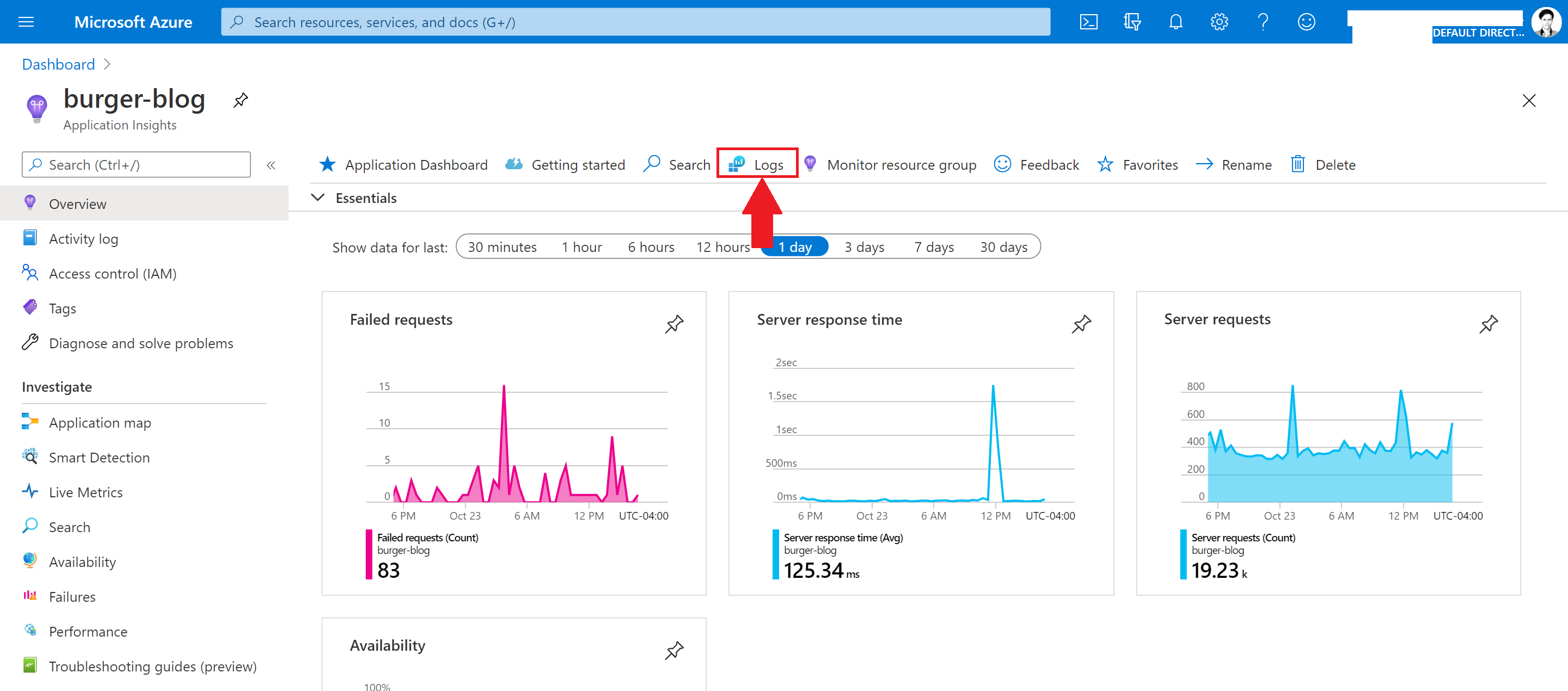 Screenshot of an Azure Application Insights resource