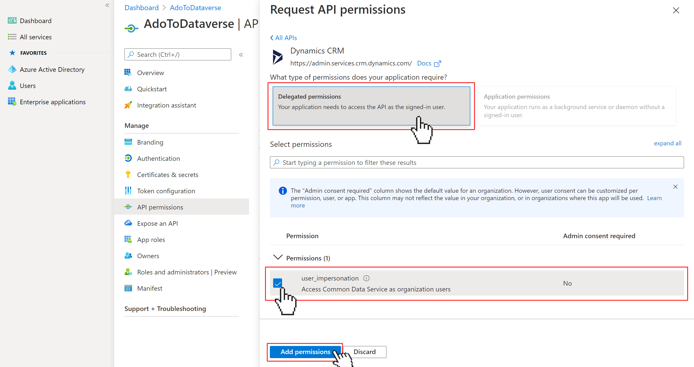 Details screen for request Dataverse permission for AAD App Registration