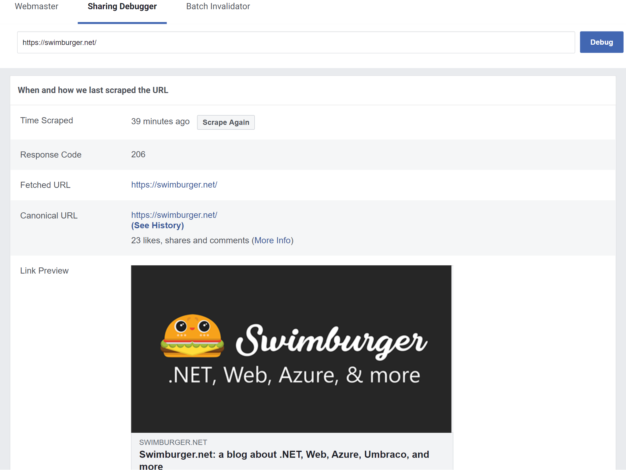 Screenshot of Facebook Sharing Debugger showing results for swimburger.net