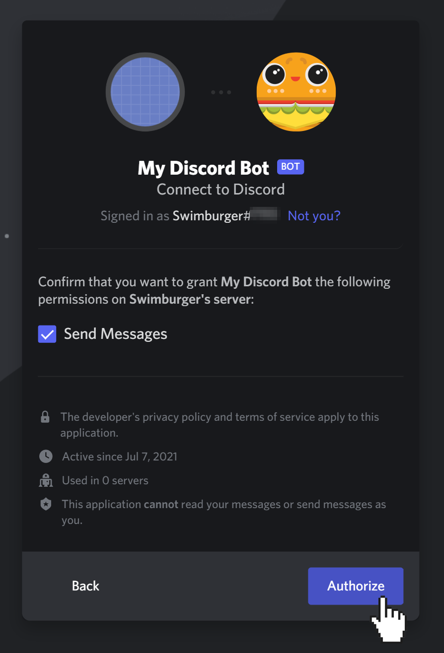 Confirm permissions screen for adding Discord bot to your server using OAuth2 flow. Cursor is clicking on &quot;Authorize&quot; button.