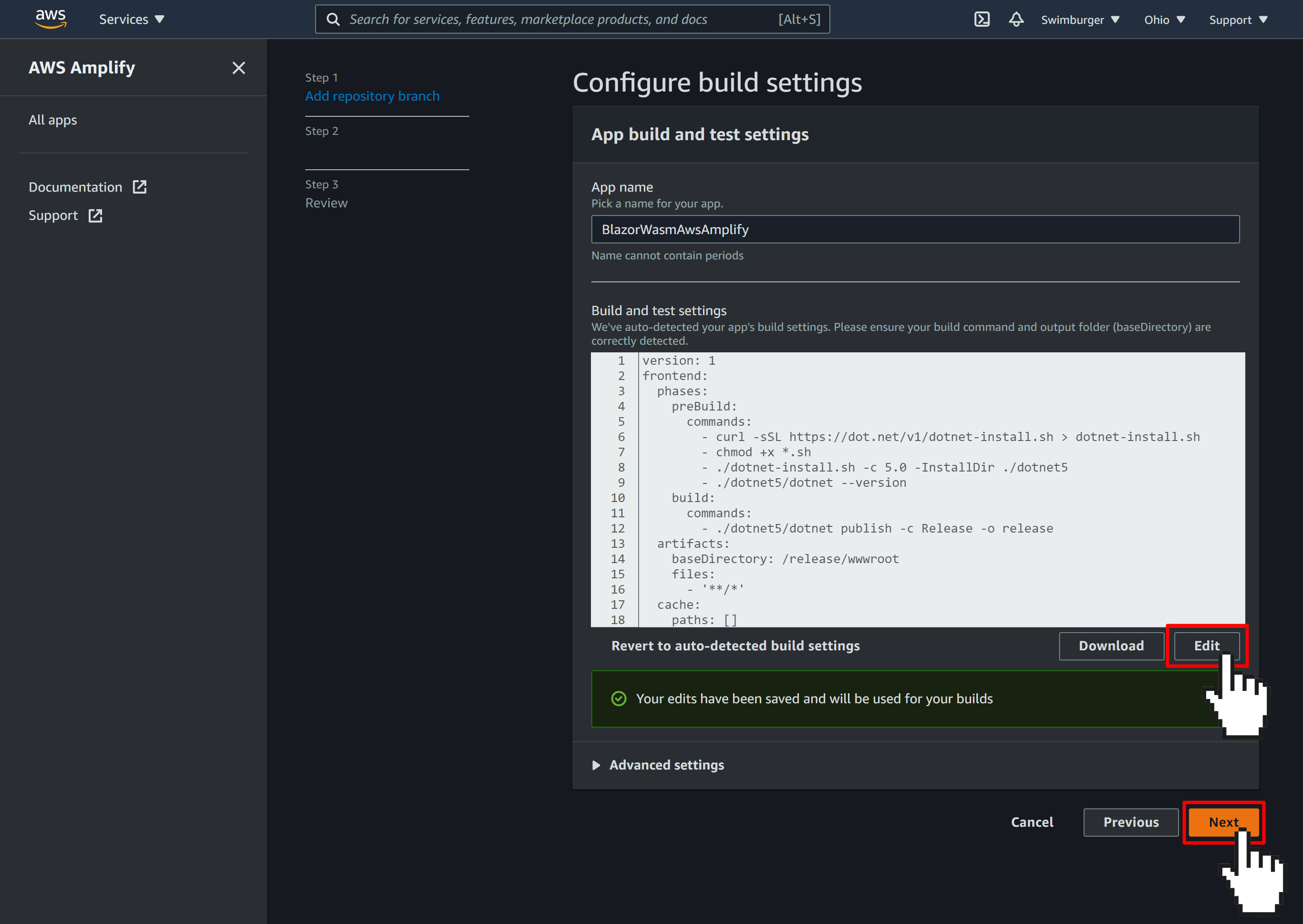 AWS Amplify configure build settings. A YAML code editor with YAML code for configuring how to build the project.