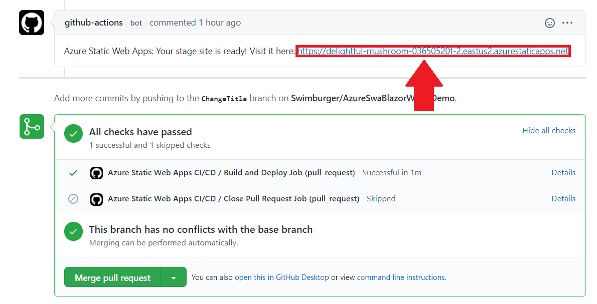 Screenshot of GitHub pull request where Azure comments the newly generate environment URL