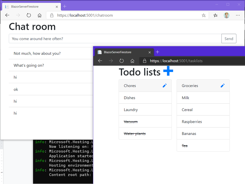 Browser window showing style chat app and styled todo app