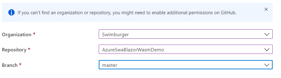 Screenshot of selecting GitHub repository in Azure Static Web App