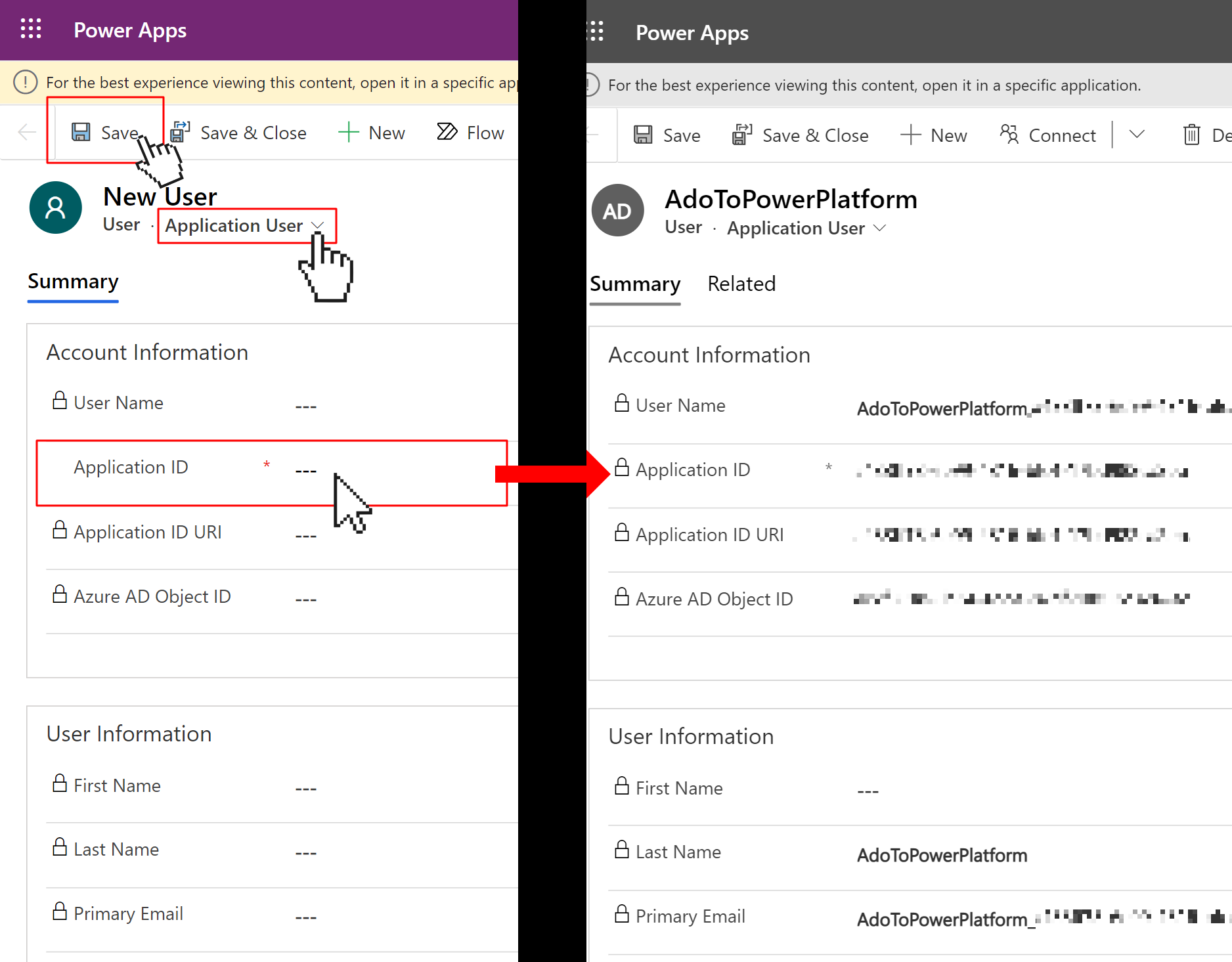 Image of two screens, before and after creating the new application user.