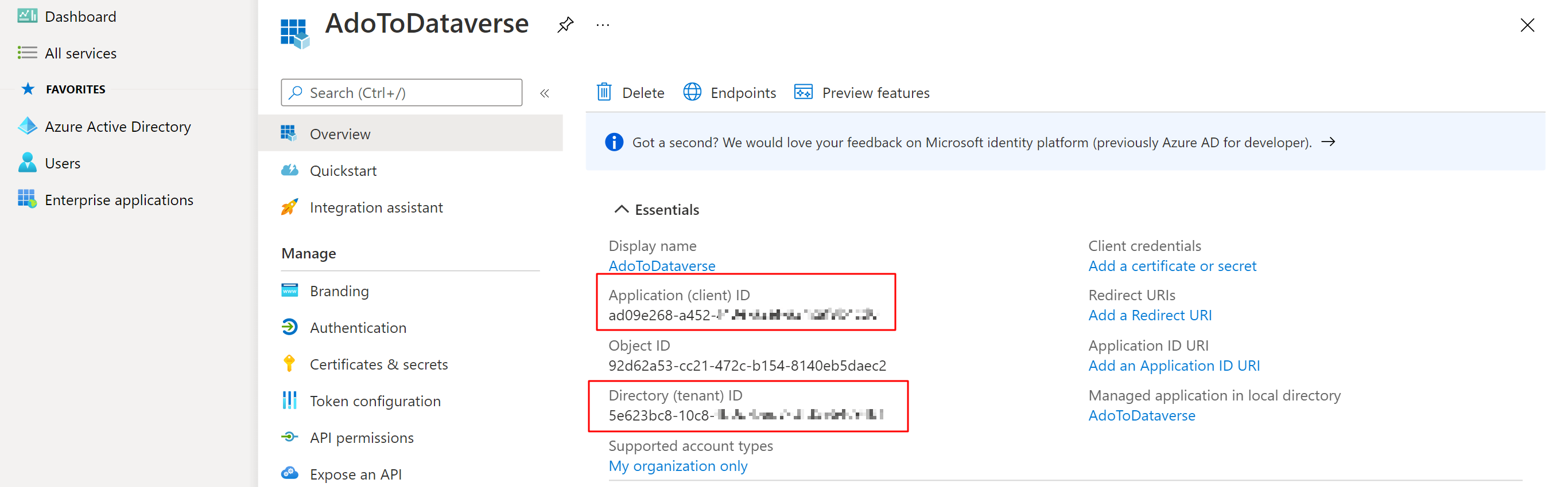 Overview page of the AAD app registration with the Application ID and Directory ID circled in red.