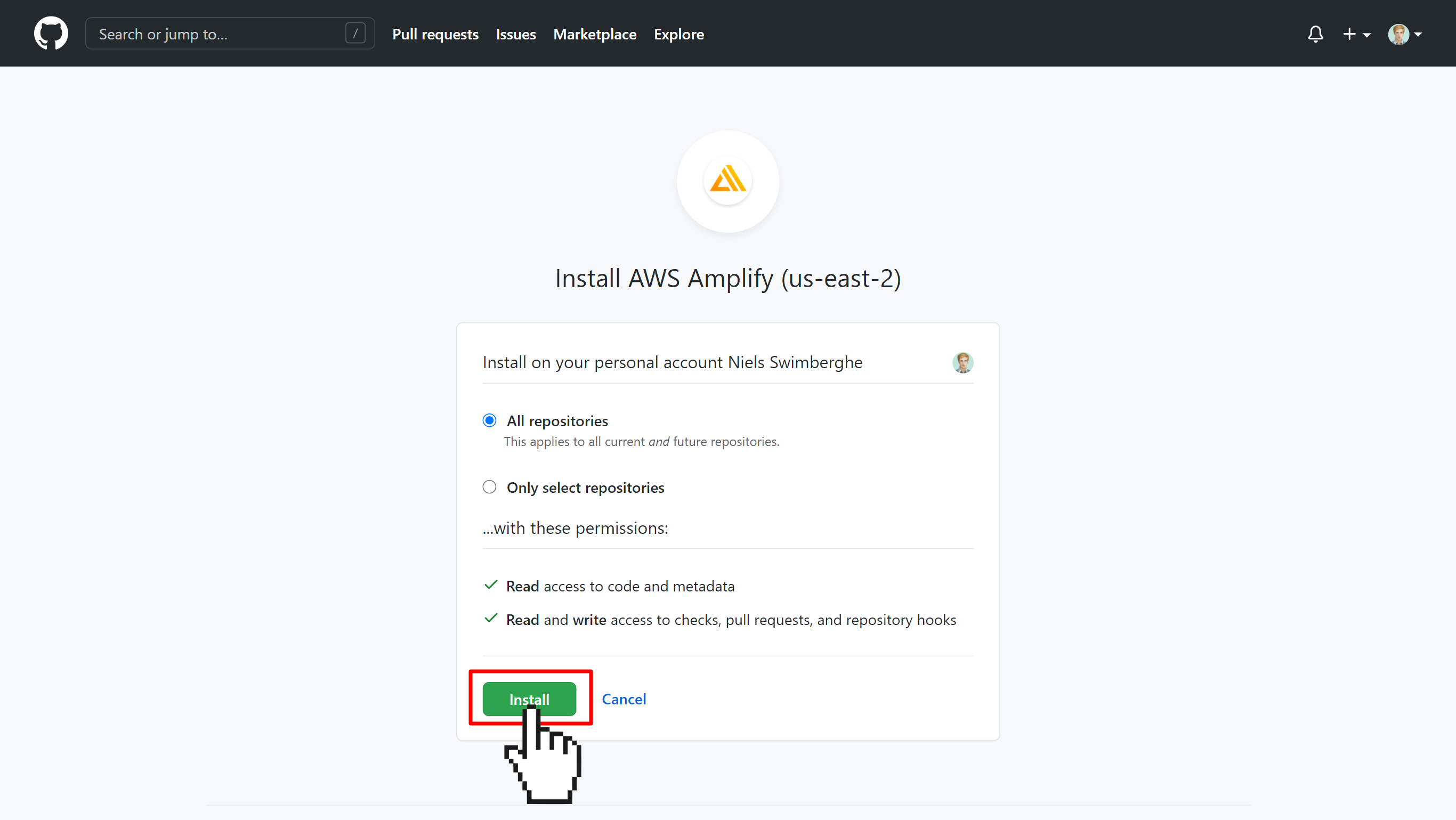 GitHub asking which repositories the AWS Amplify app should have access to