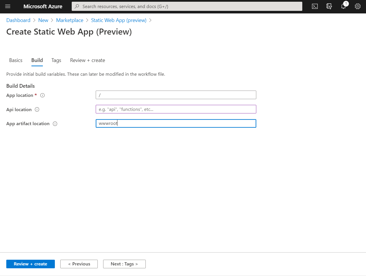 Screenshot of Azure Static Web App Build tab