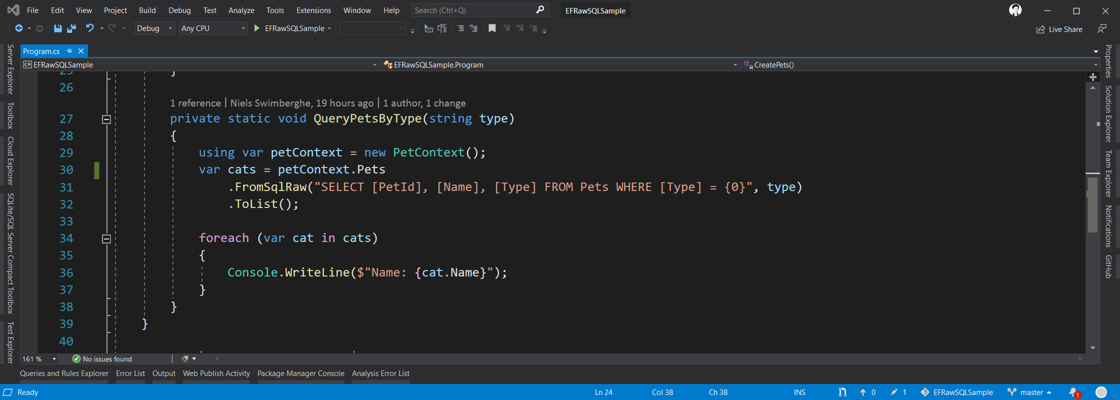 Screenshot of Visual Studio with EF Raw SQL Code