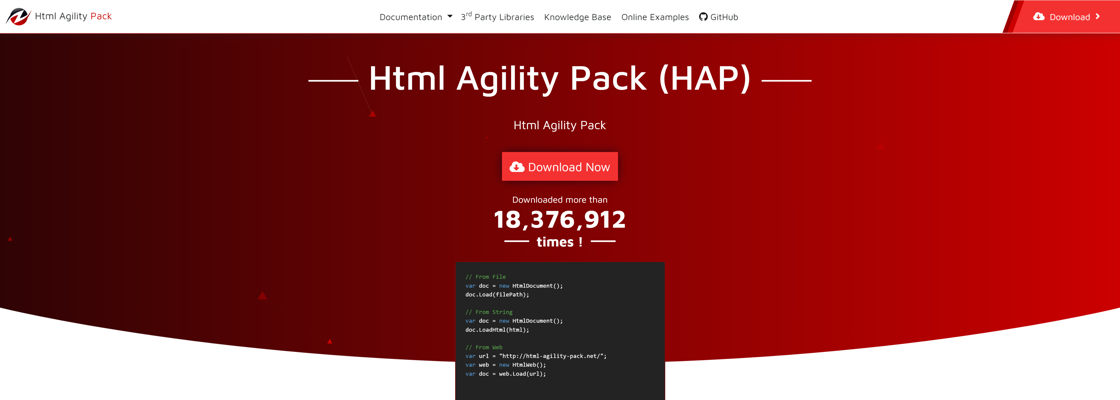Screenshot of the HTML Agility Pack homepage