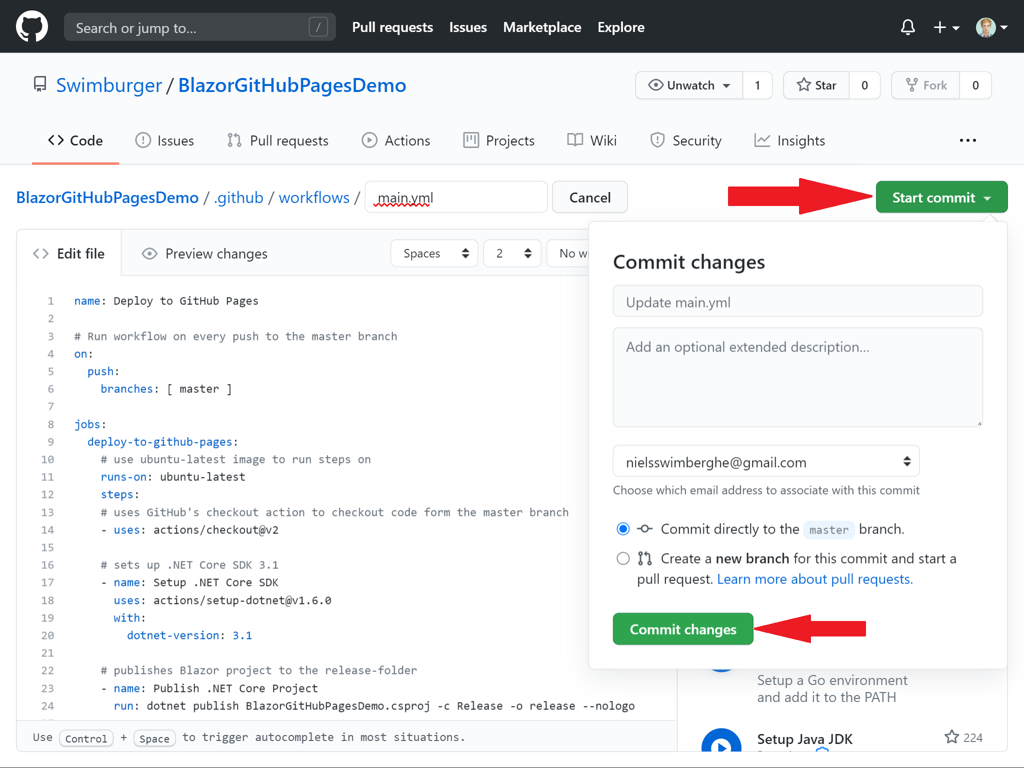Screenshot of committing GitHub Action Workflow file