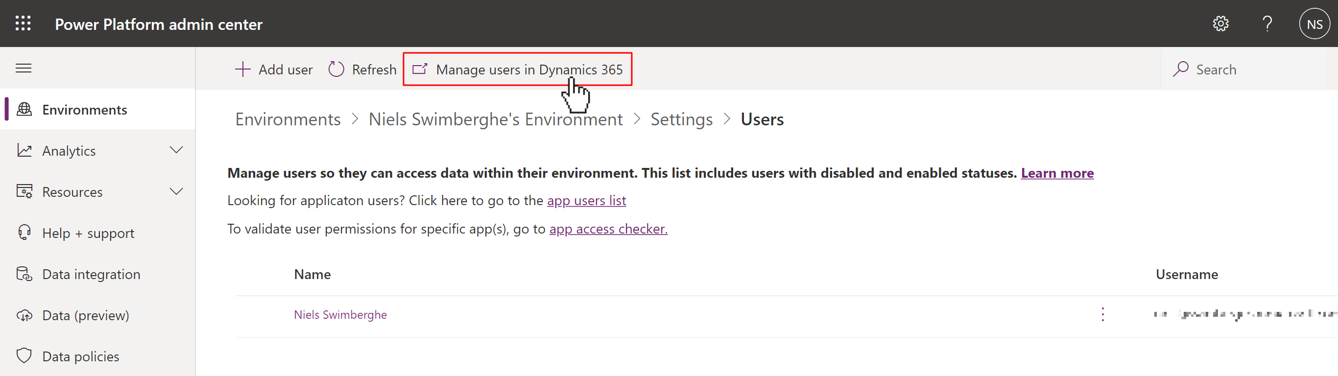 Power Platform Admin Center screen to manage users, but the cursor is clicking on &quot;Manager users in Dynamics 365&quot; button.
