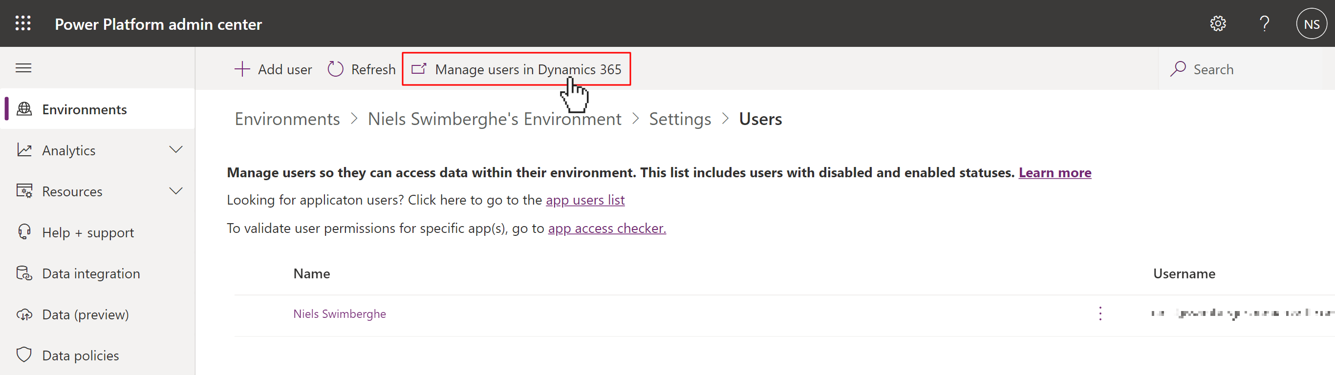 Power Platform Admin Center screen to manage users, but the cursor is clicking on "Manager users in Dynamics 365" button.