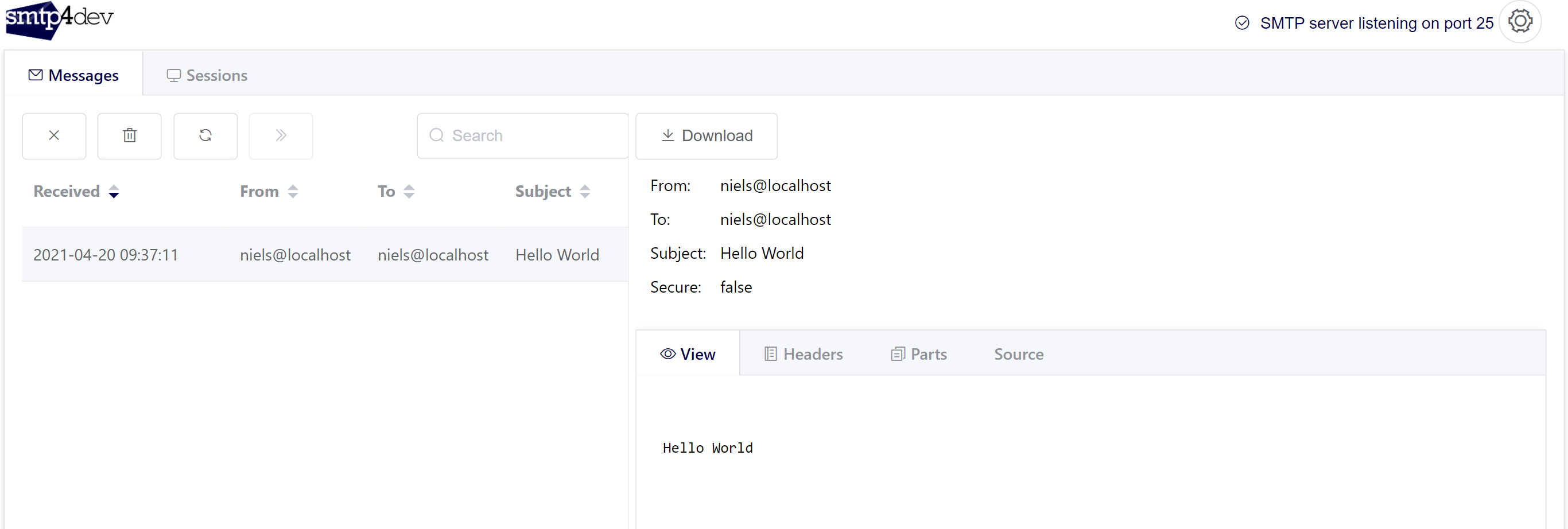 Screenshot of the smtp4dev dashboard showing 1 email saying &quot;Hello World&quot;