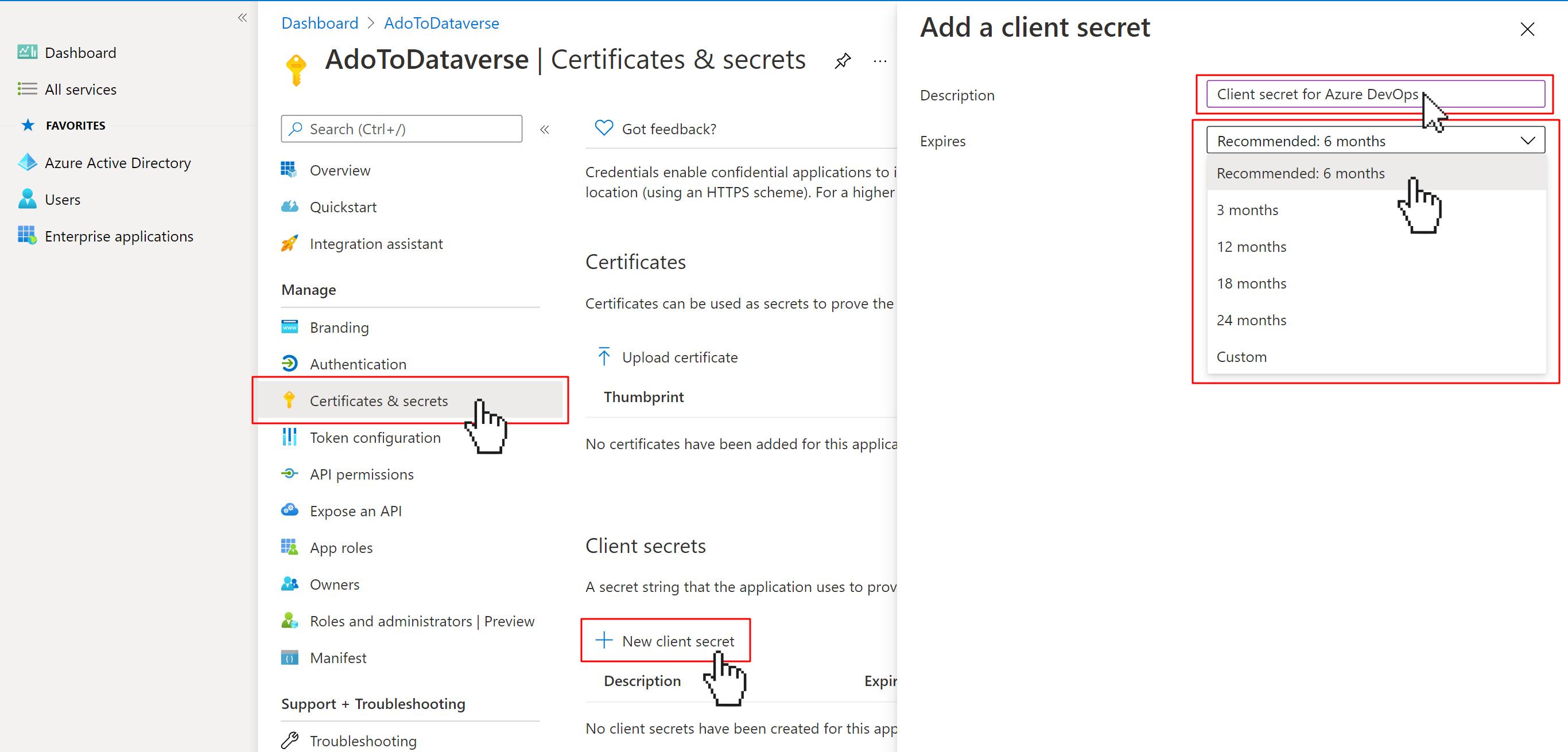 AAD App Registration screen to add new client secret