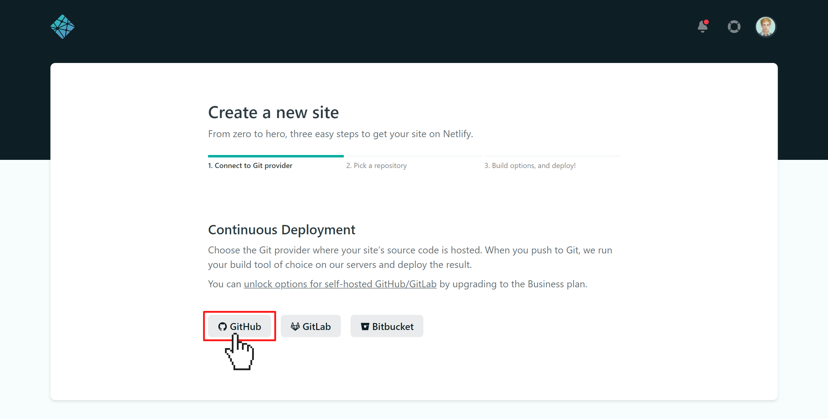 Step 1 of creating a Netlify site from Git: Connect to Git provider. Mouse clicks on the &quot;GitHub&quot; button.