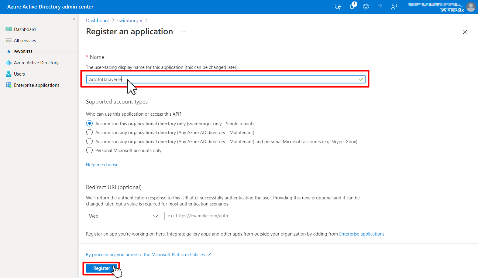 Screen to register an application in Azure Active Directory.