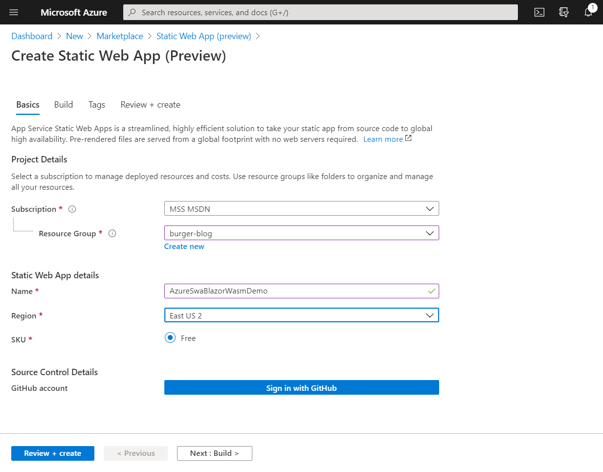 Screenshot of Create Azure Static Web App Basics tab